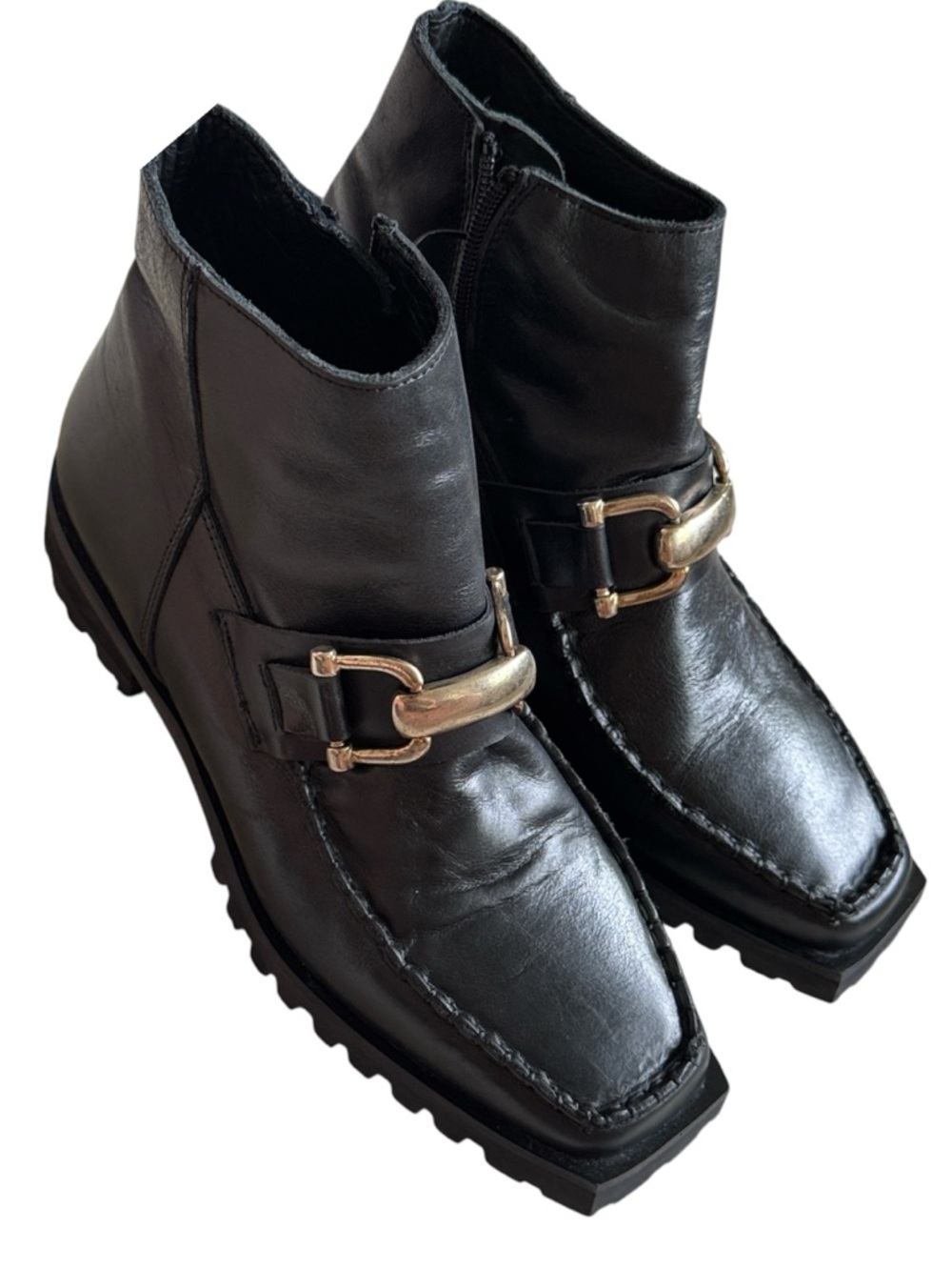 Alohas Blaze Leather Square Toe Ankle Boots Horse Bit Detail Black Size 37 US6.5